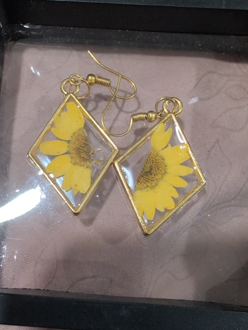 Gold Sunflower Resin Drop Earrings - Yellow Floral Jewelry